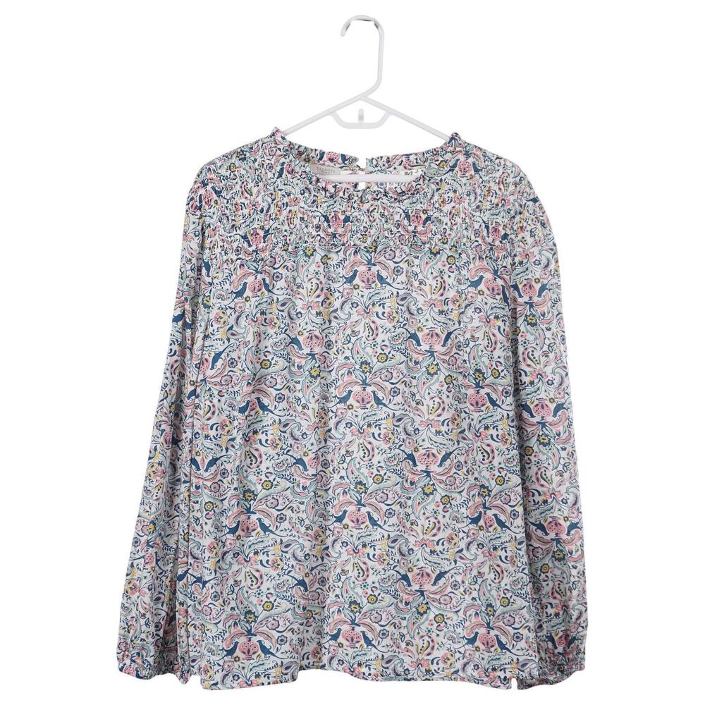Talbots Top 2X Floral Bird Print Cotton Long Sleeve Ruffle Smocked Casual